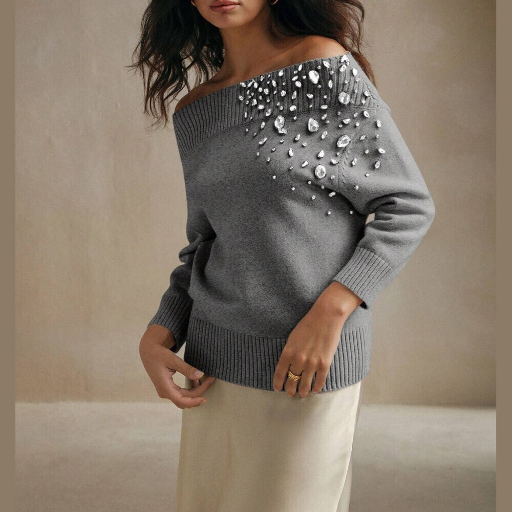 Gray Rhinestone Embellished Off Shoulder Ribbed Knit Sweater - Picture 8 of 11